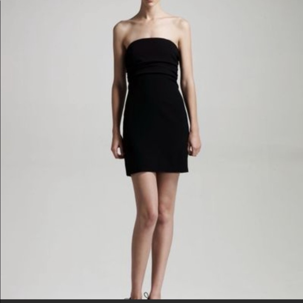 Theory black strapless draped linen sheath dress with front pleats. 6